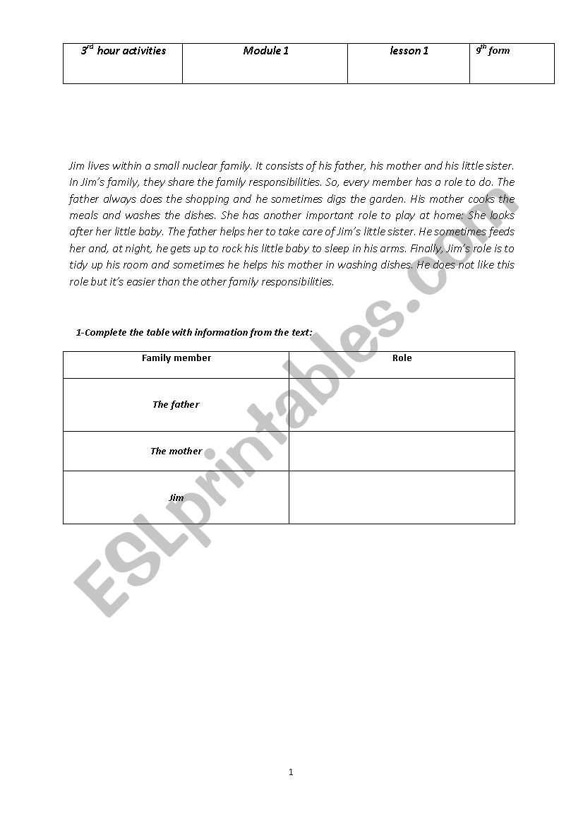 Family responsibilities worksheet