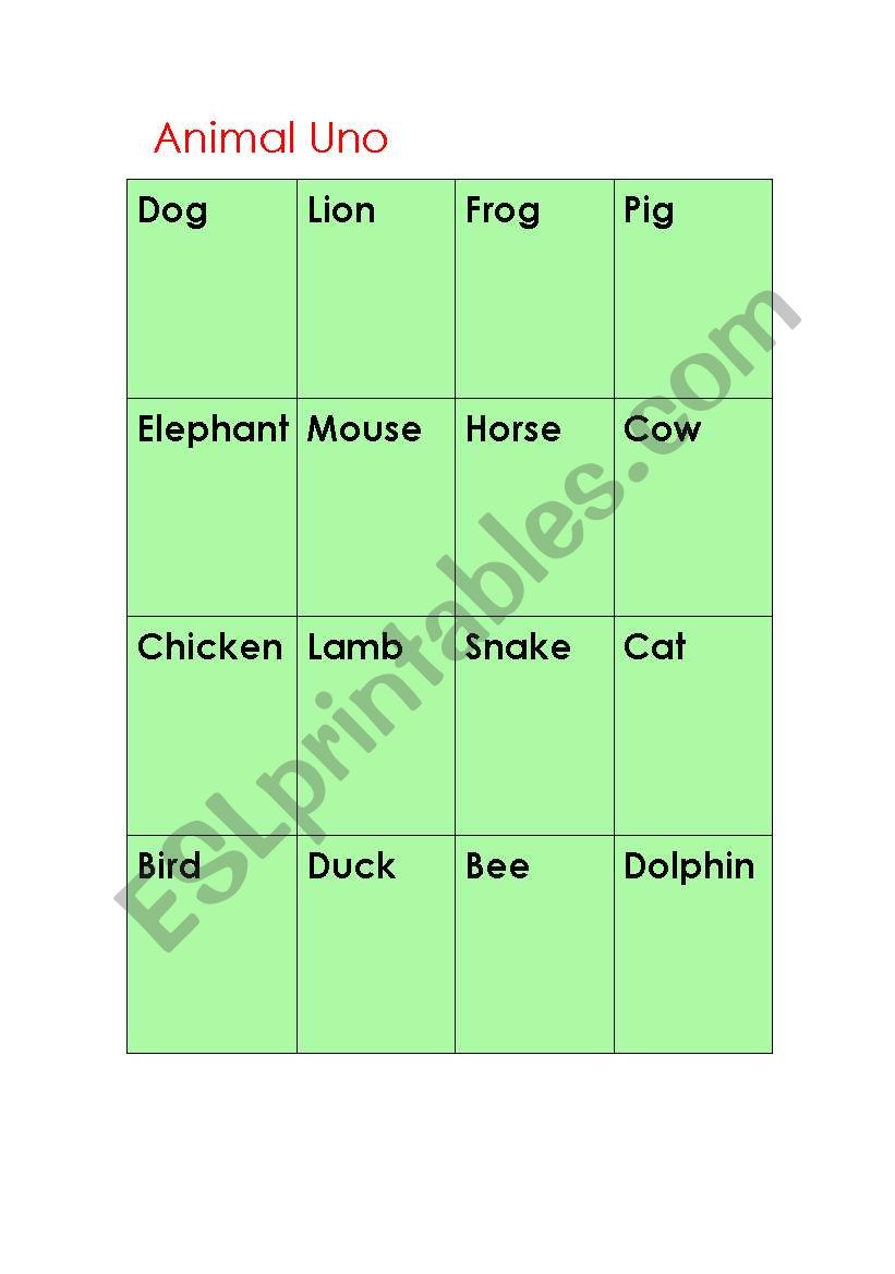 animal uno worksheet