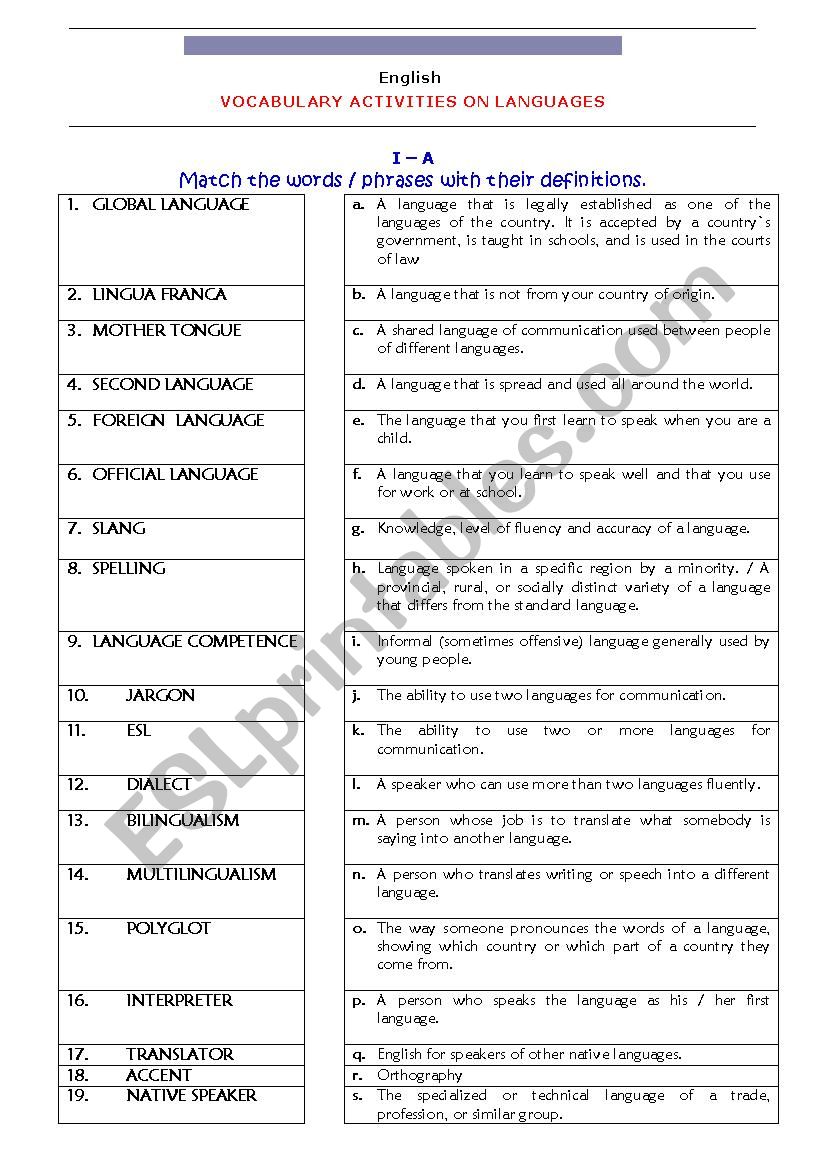 Languages - Vocabulary activities