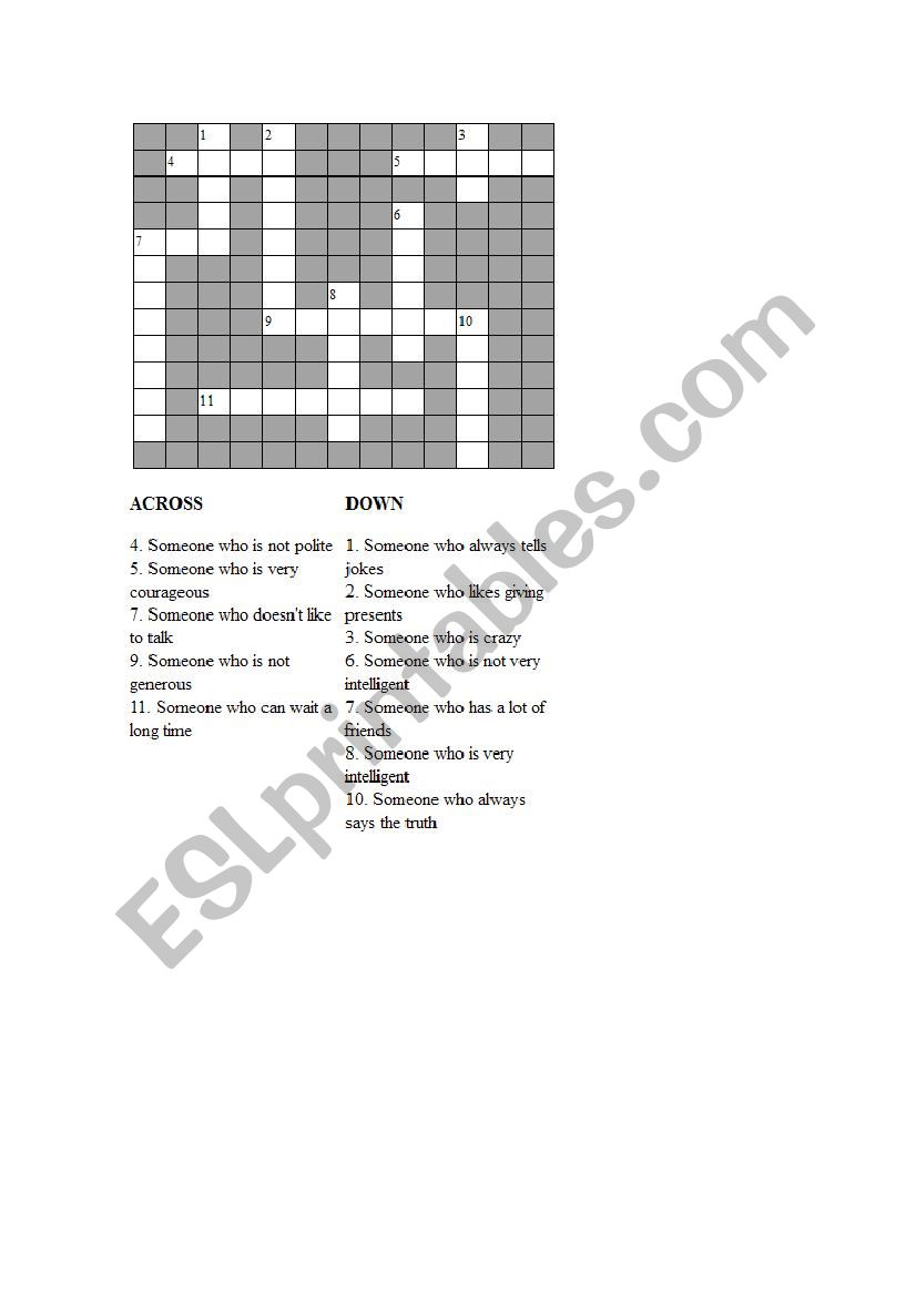 Personality Adjectives Crossword