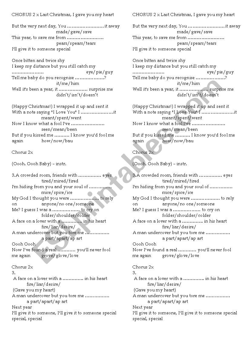 Last Christmas, Wham worksheet