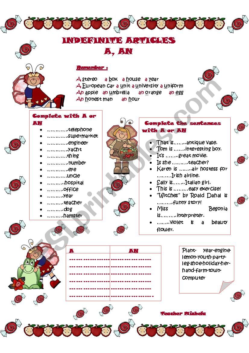 Indefinite articles worksheet