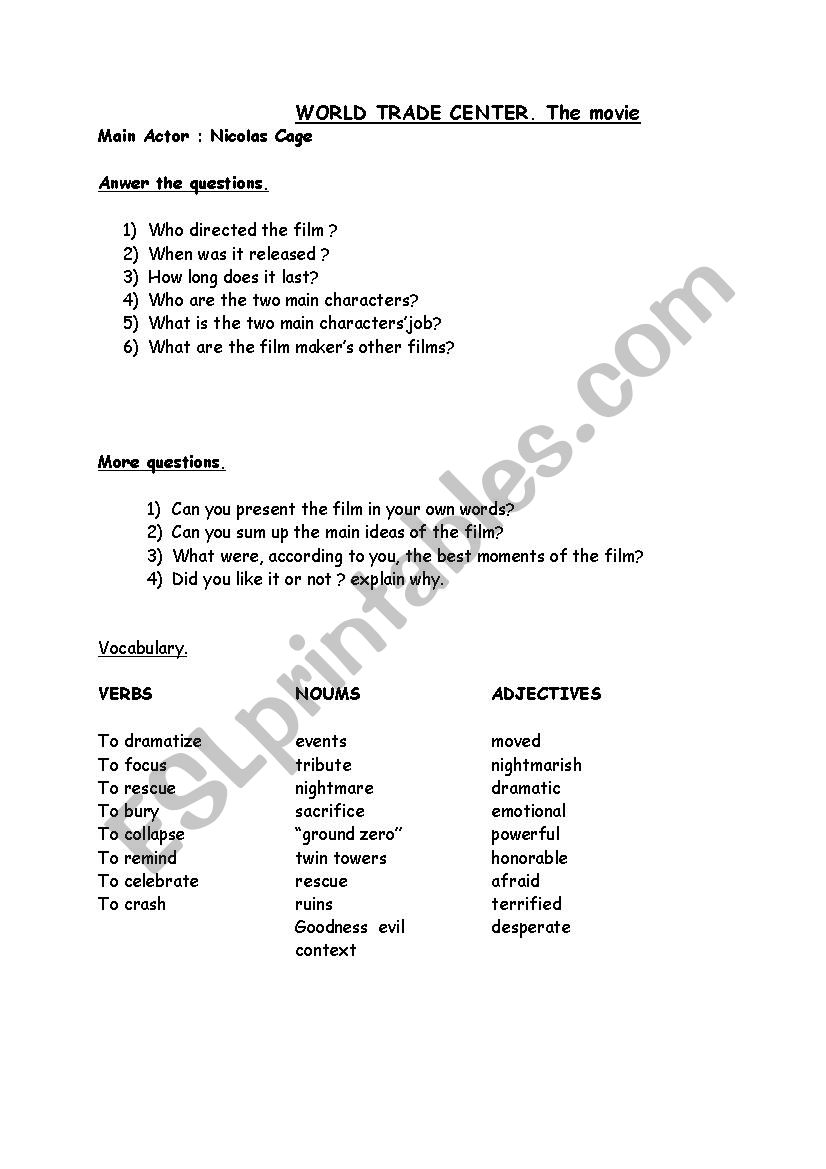 World trade center. movie worksheet