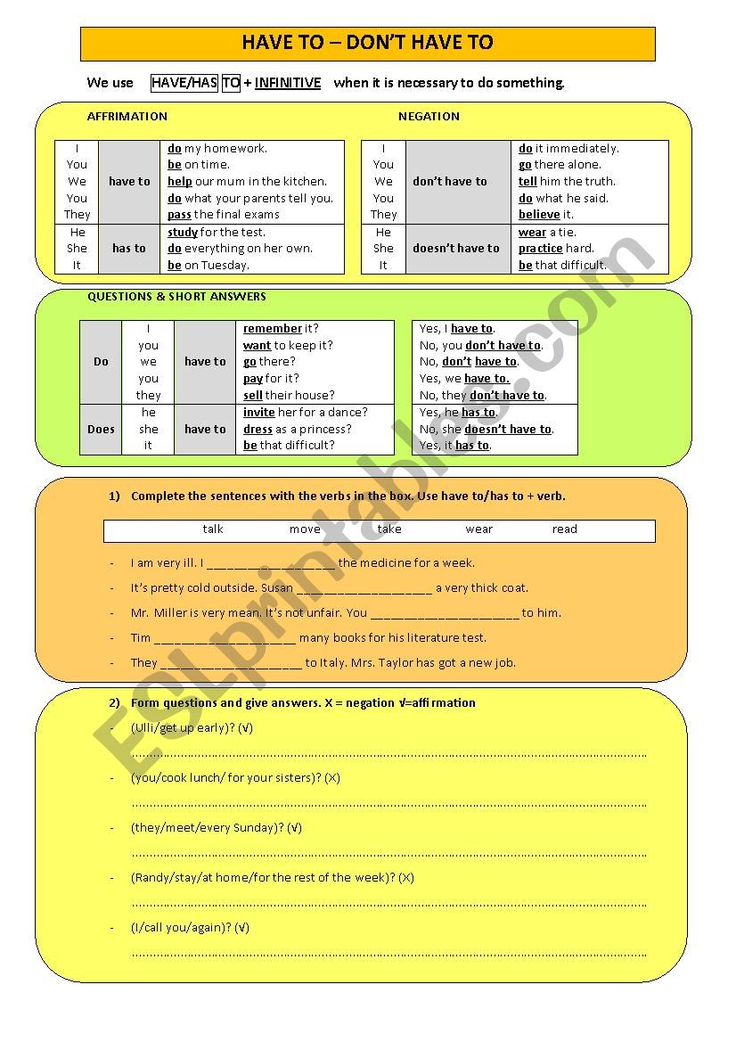 HAVE/HAS TO (present simple) worksheet