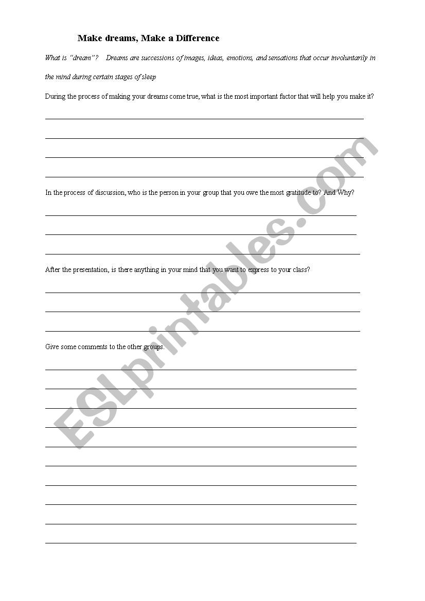 Dreams worksheet