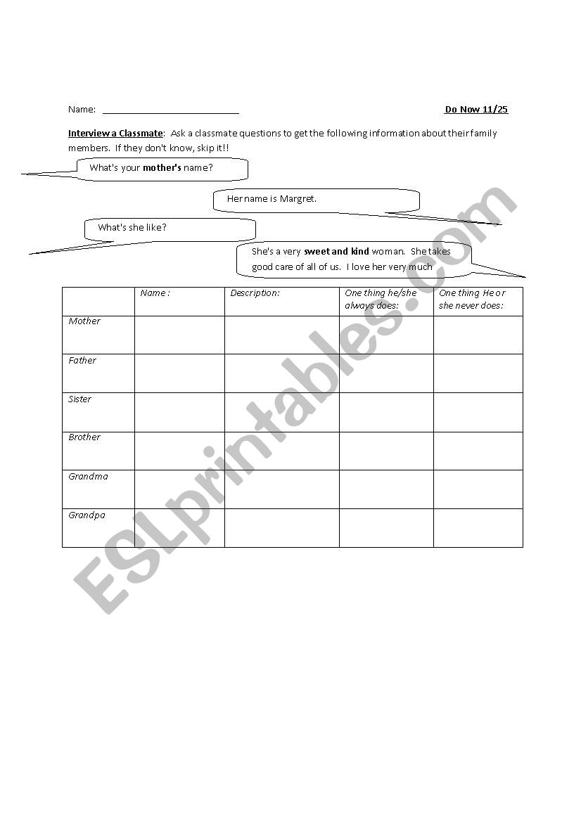 Interview a classmate about family