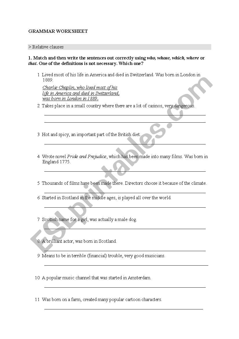 grammar worksheet on Relative clauses