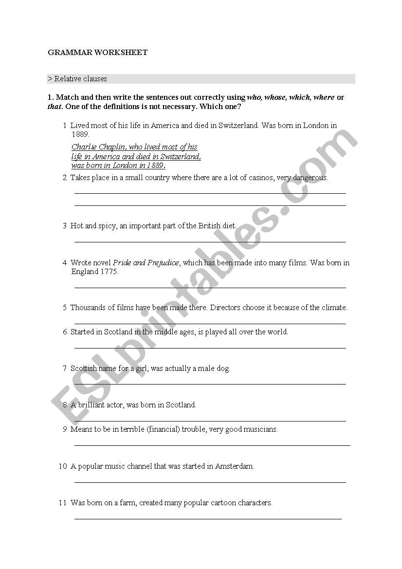 grammar worksheet on Relative clauses