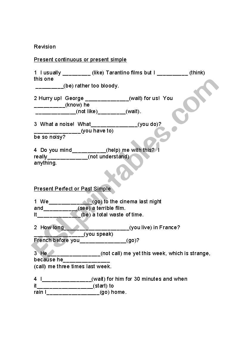 revision (tenses) worksheet