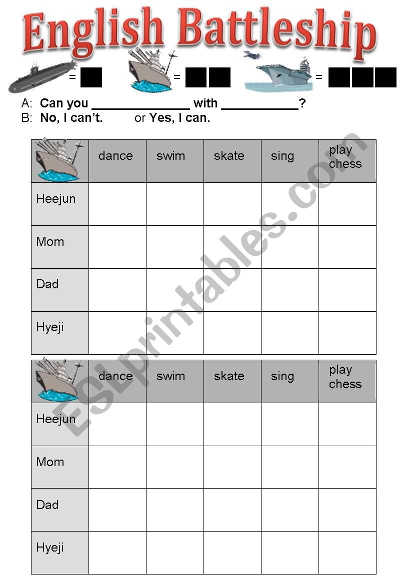 English Battleship worksheet