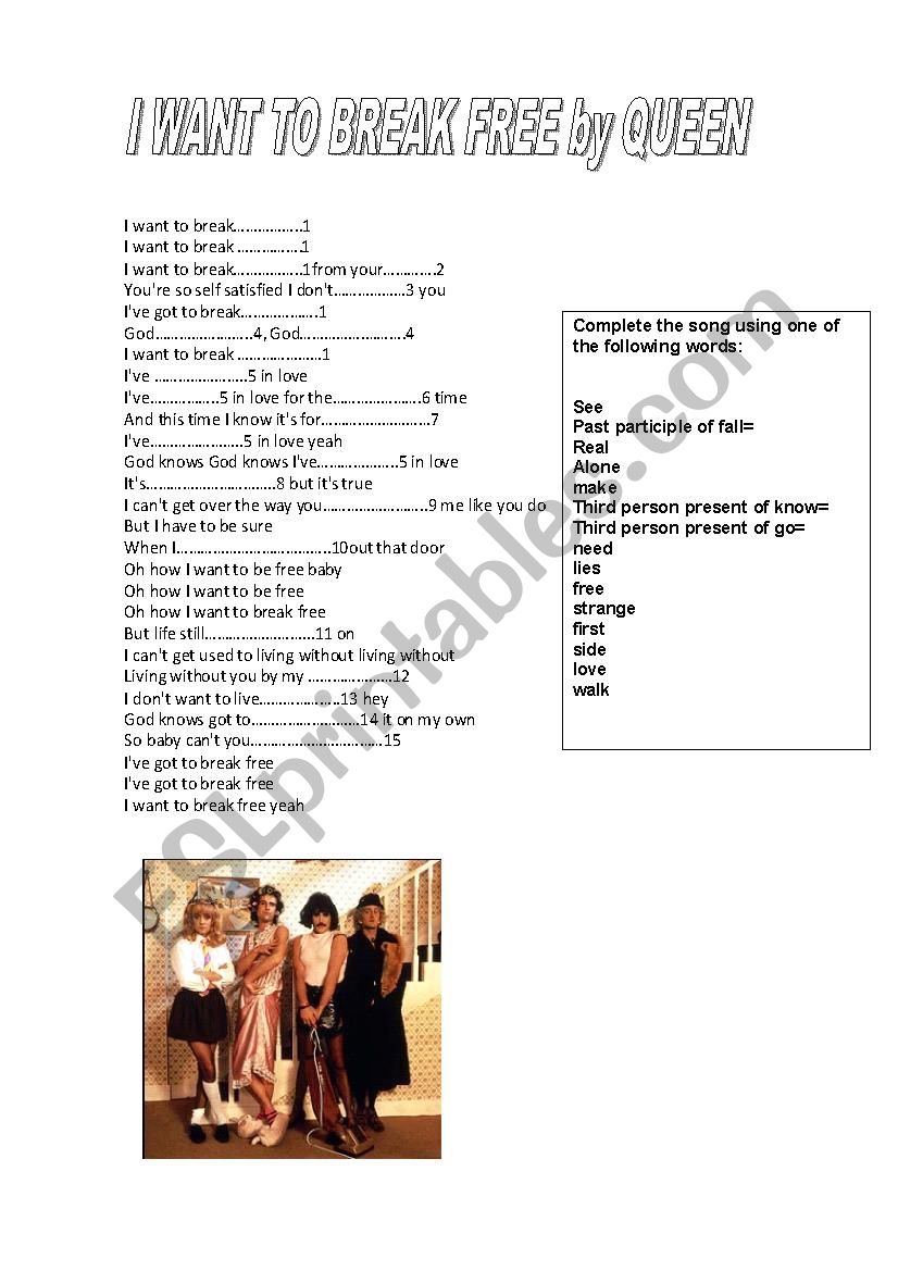 I want to break free worksheet