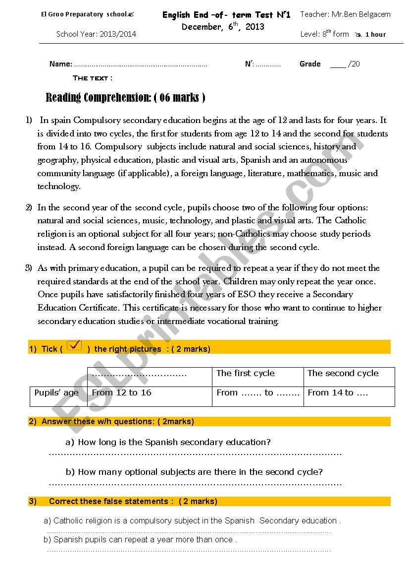 End of term test  worksheet