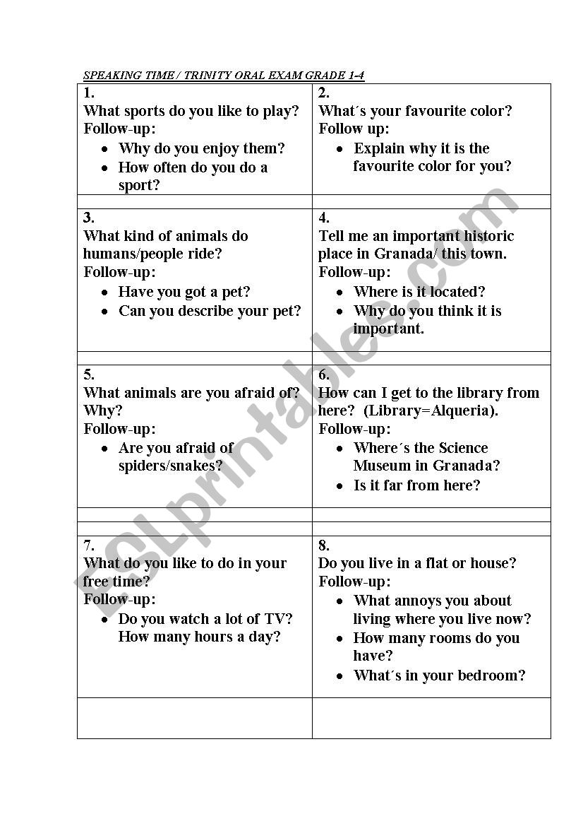 SPEAKING TIME ACTIVITY   TRINITY  GRADE 1 TO 4. 