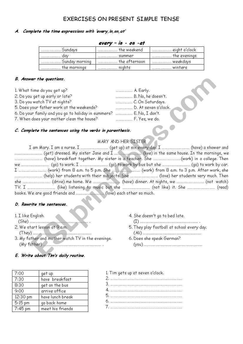 Exercise on present simple tense