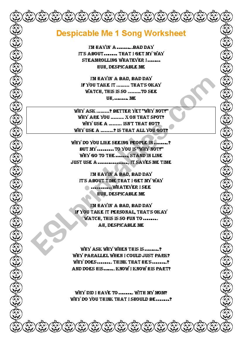 Despicable Me 1 song worksheet
