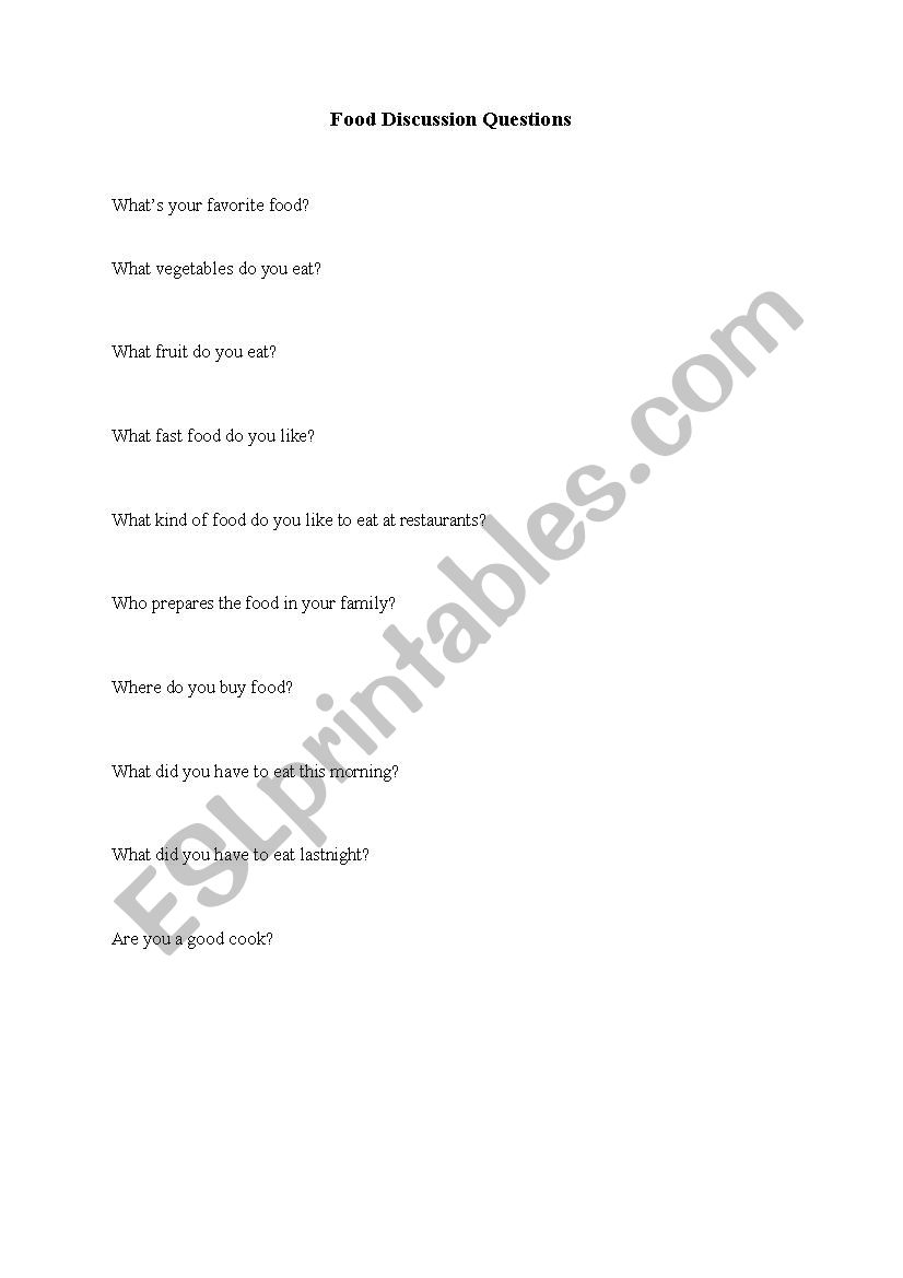 Food Discussion Questions worksheet