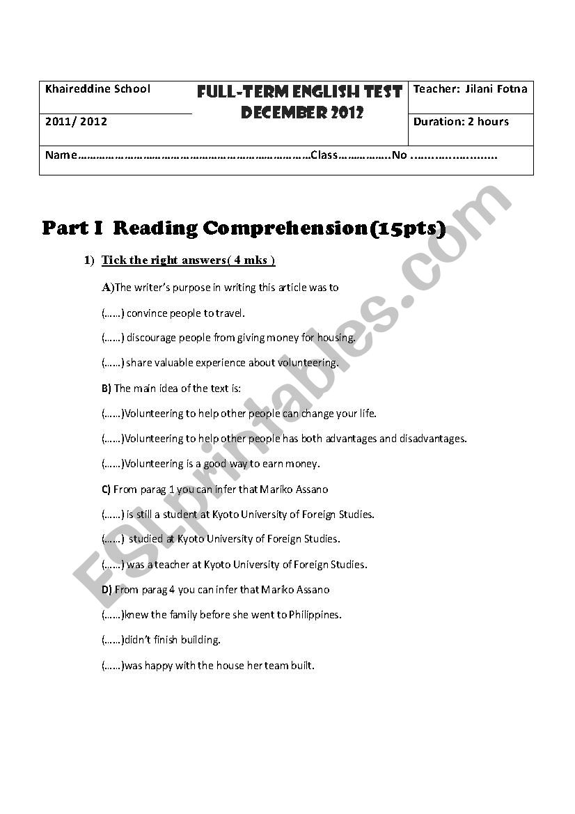 End term English test for 3rd year arts Tunisian Curriculum