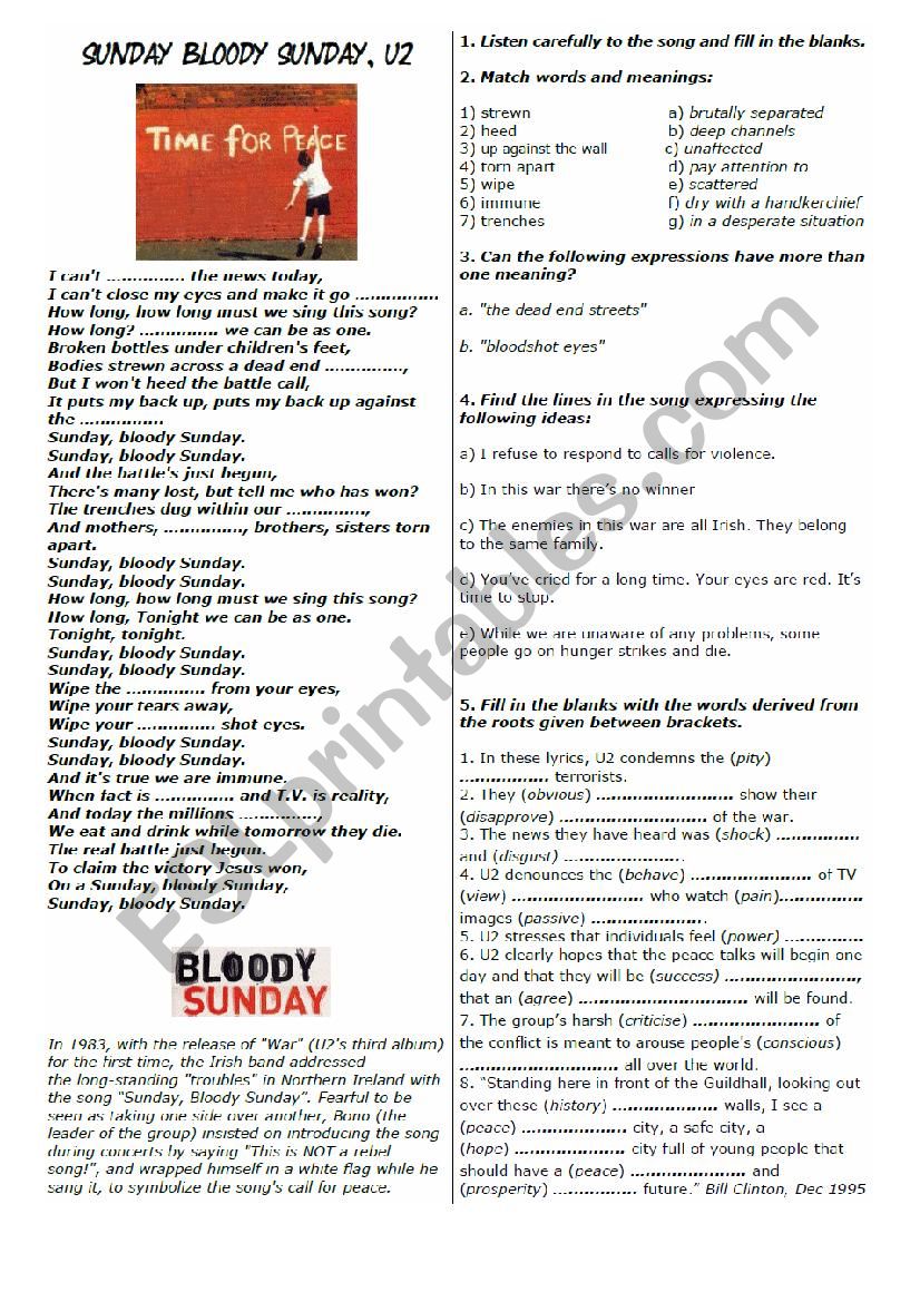 Song Sunday Bloody Sunday - listening comprehension and interpretation