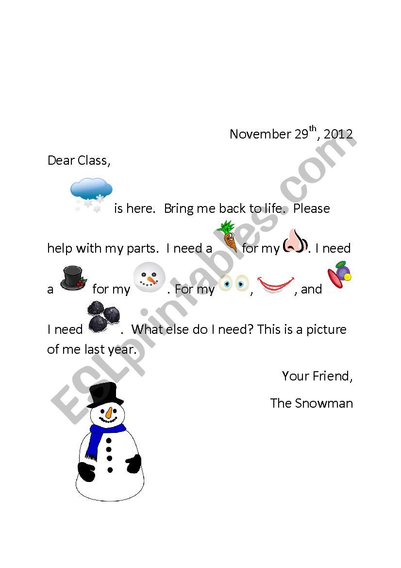 kindergarten/1st grade snowman letter label