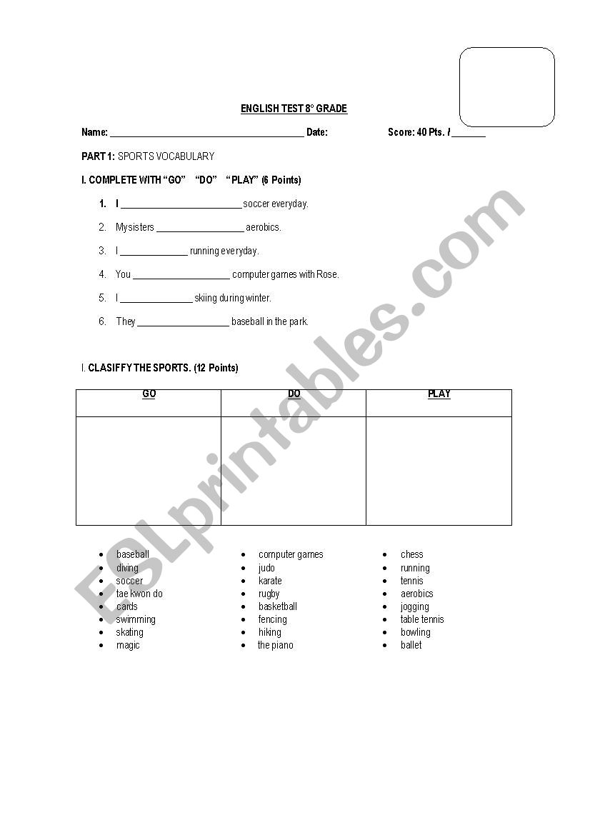 Test about sports vocabulary  worksheet