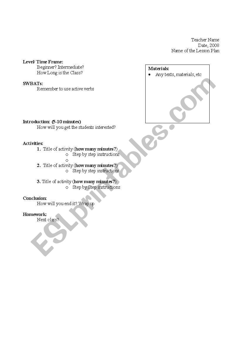 Lesson Plan Template worksheet