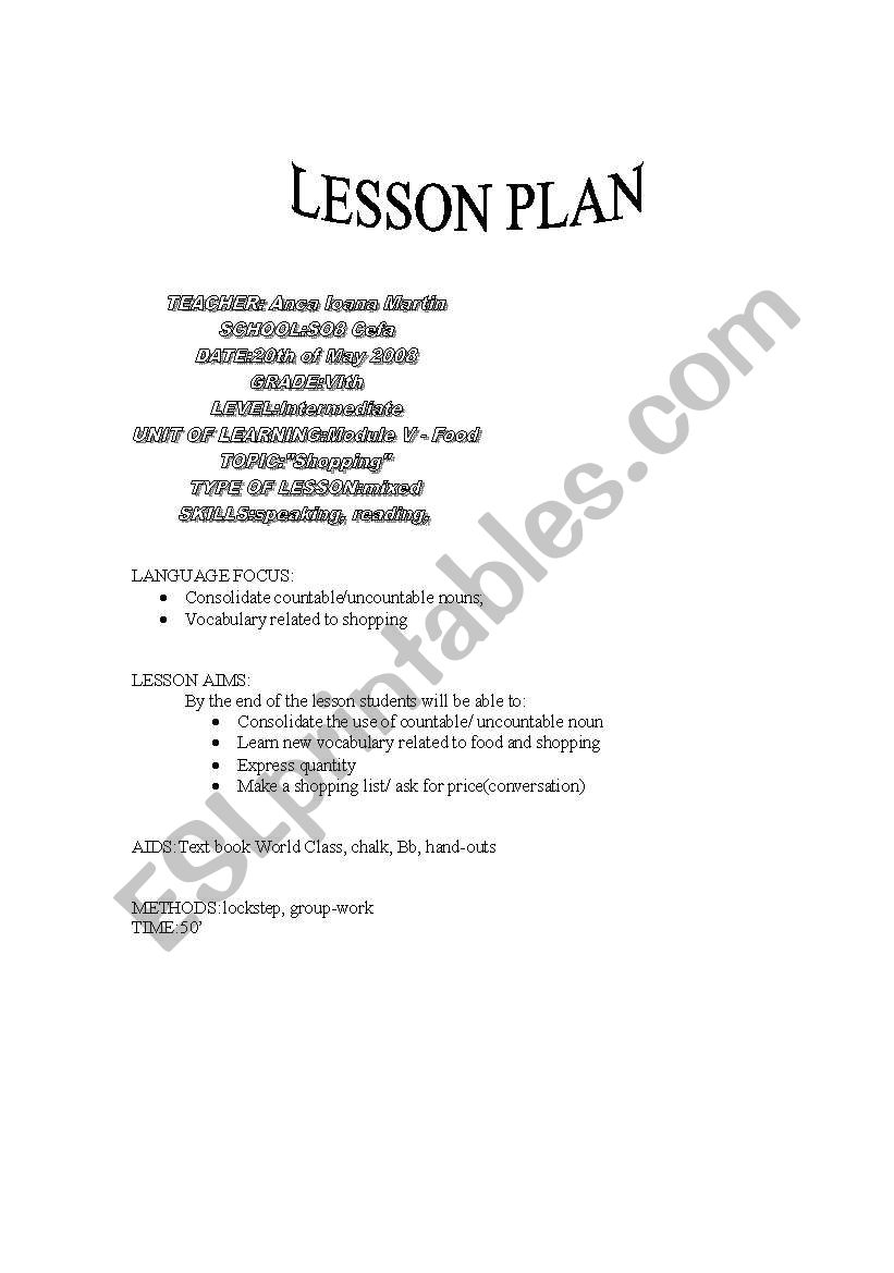 shopping plan worksheet