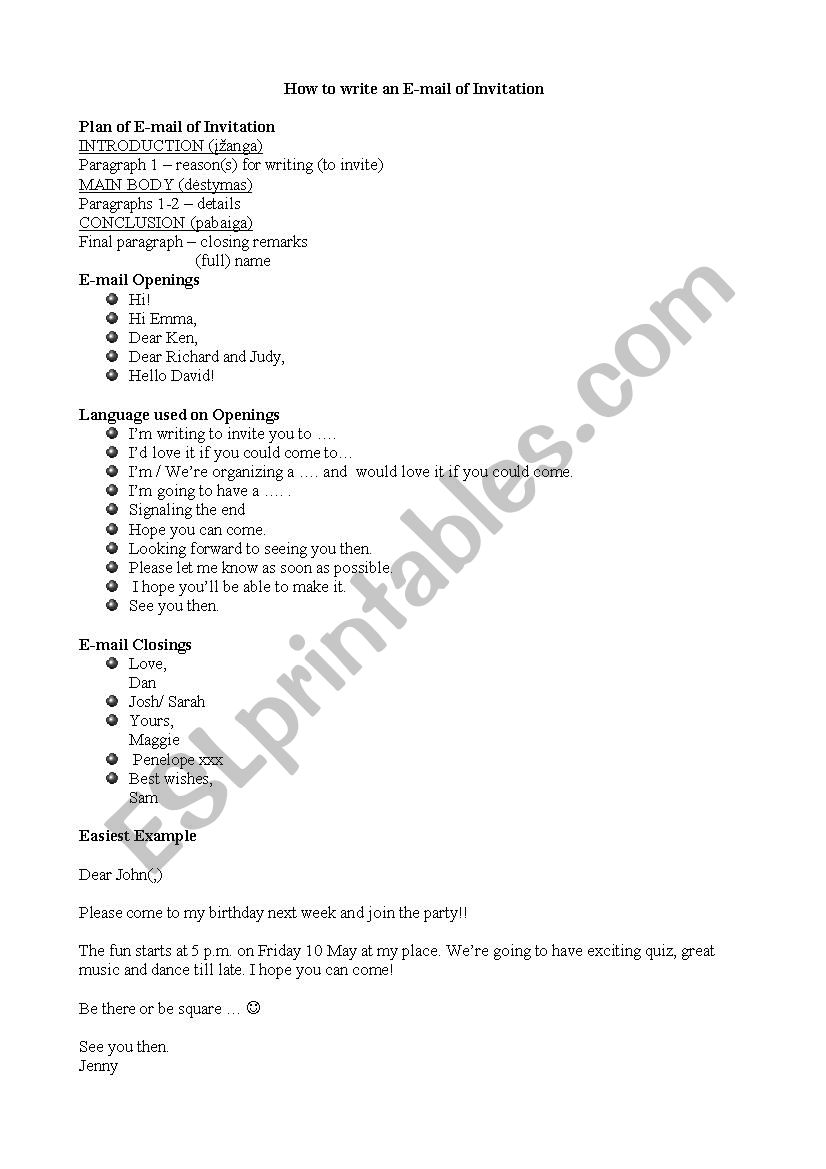 Invitation worksheet