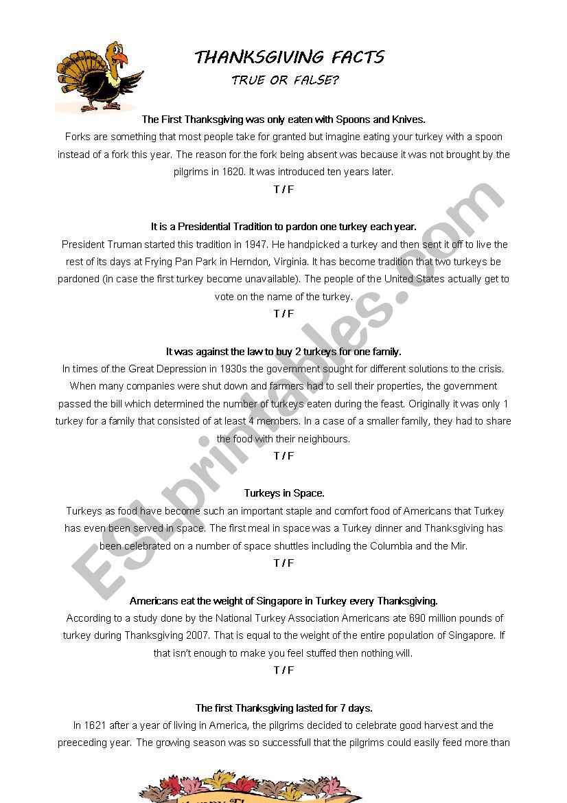 thanksgiving facts worksheet