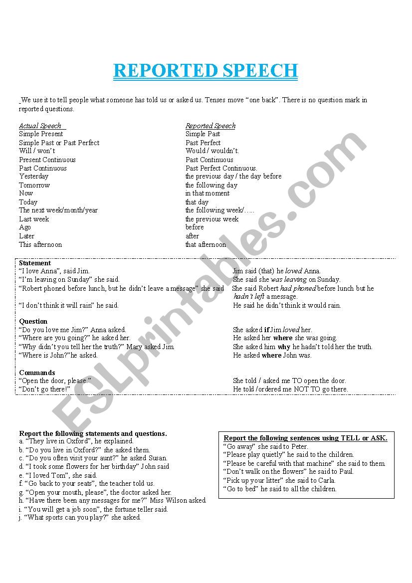 Reported Speech - worksheet