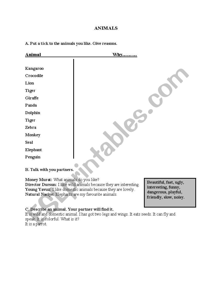 animals worksheet