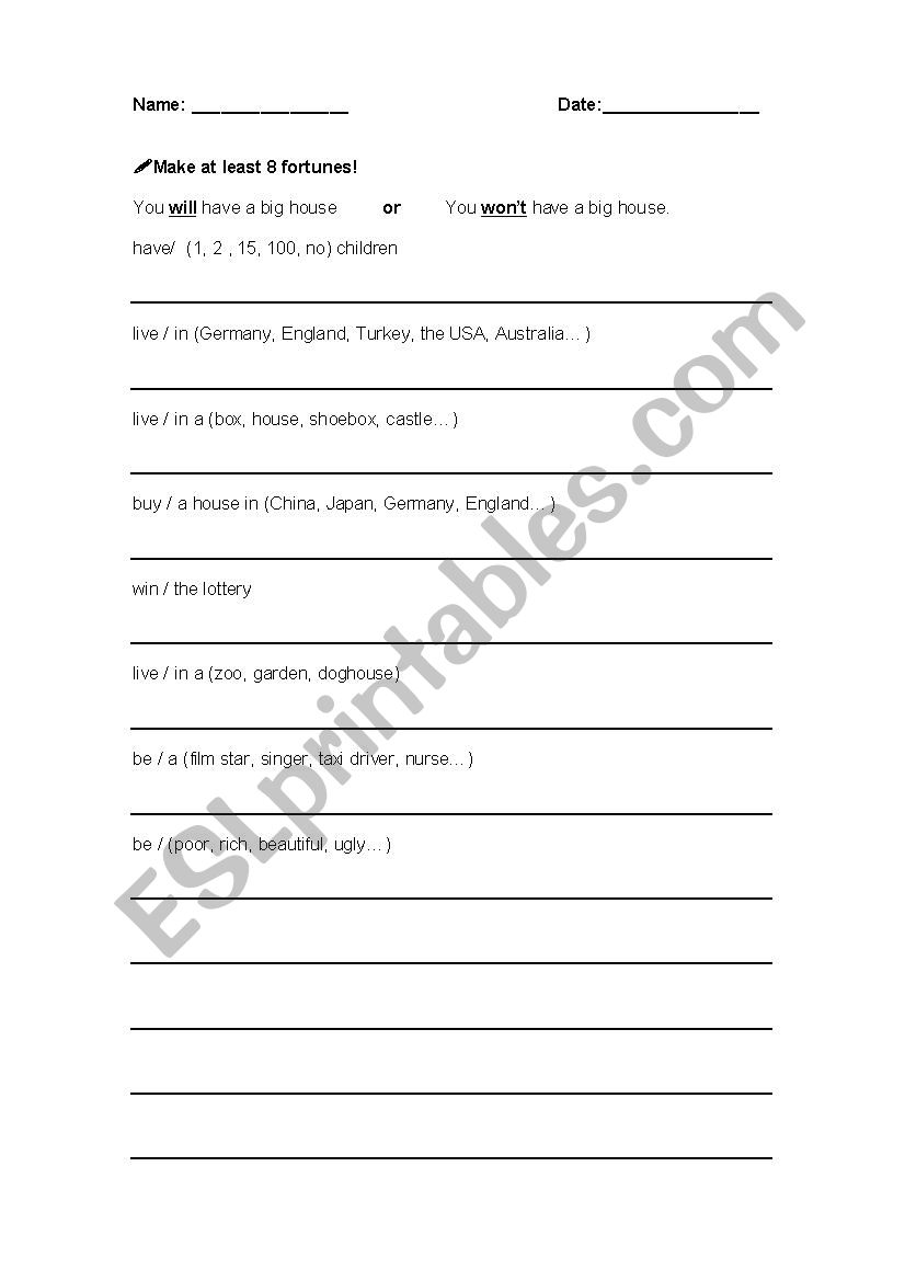 Fortune Tellers (preparation) worksheet