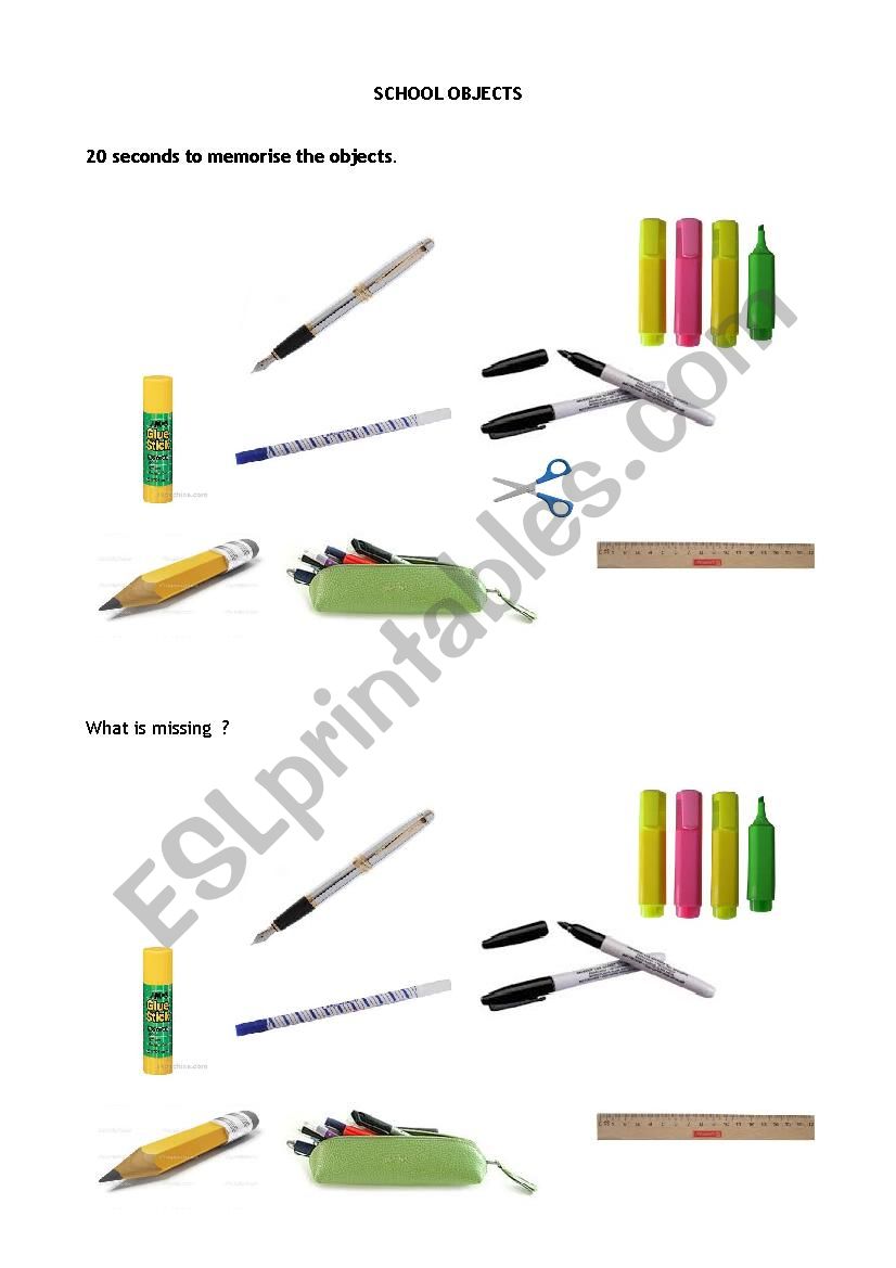 SCHOOL OBJECTS MEMORY GAME worksheet