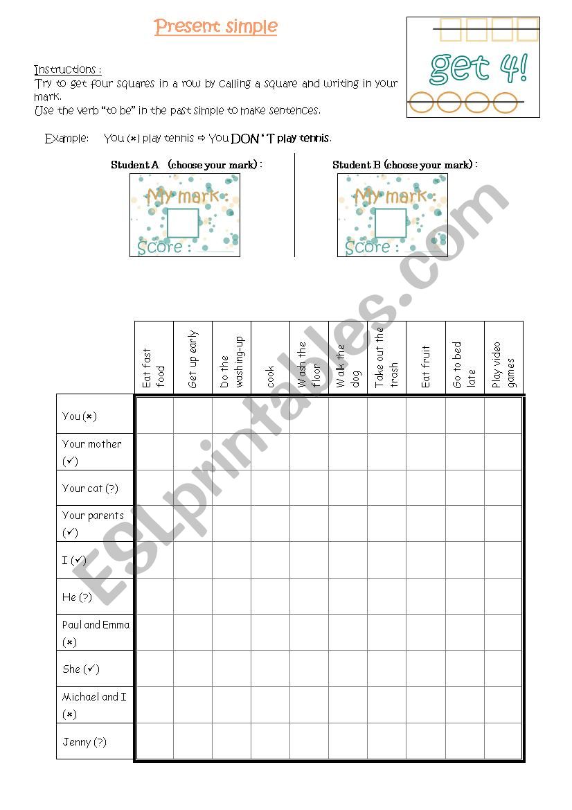 Present simple - get 4 in a row game