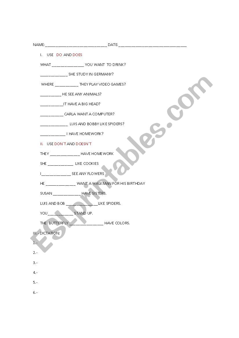 Auxiliary Do and Does worksheet