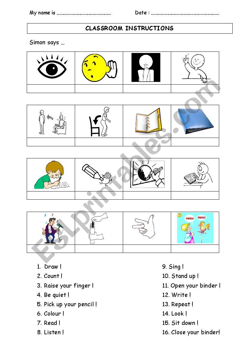Classroom instructions worksheet