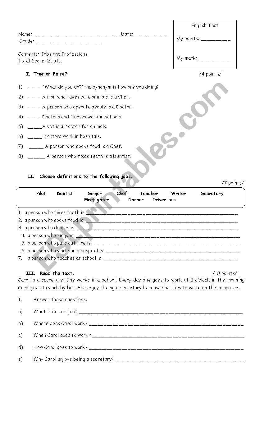 Jobs and Professions test worksheet