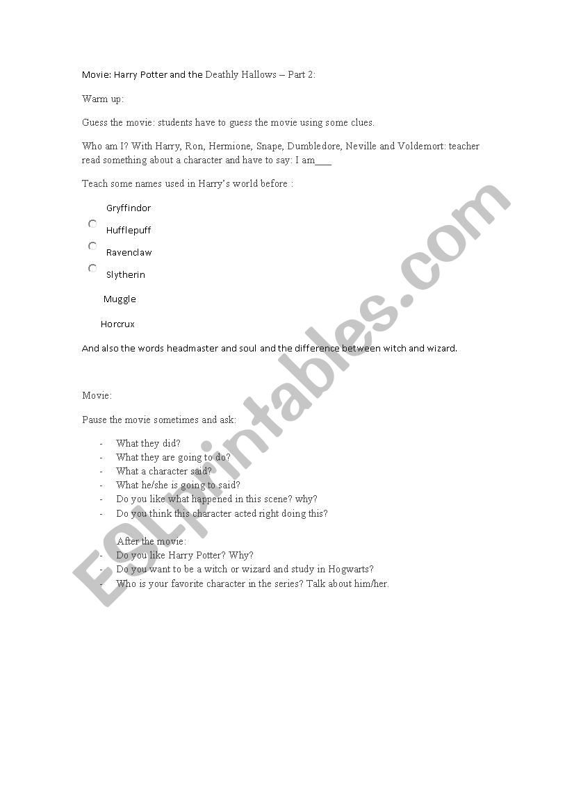 Harry Potter Movie lesson plan