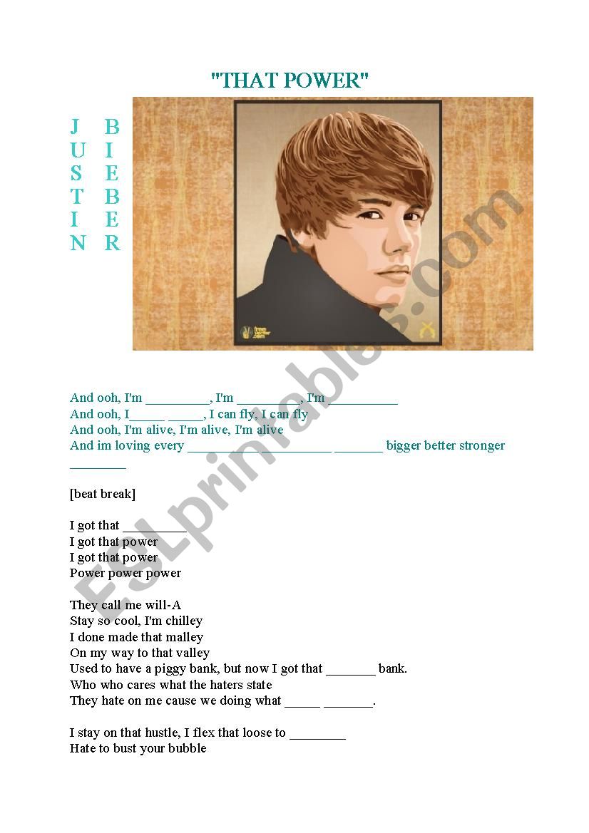 That power by Justin Bieber worksheet