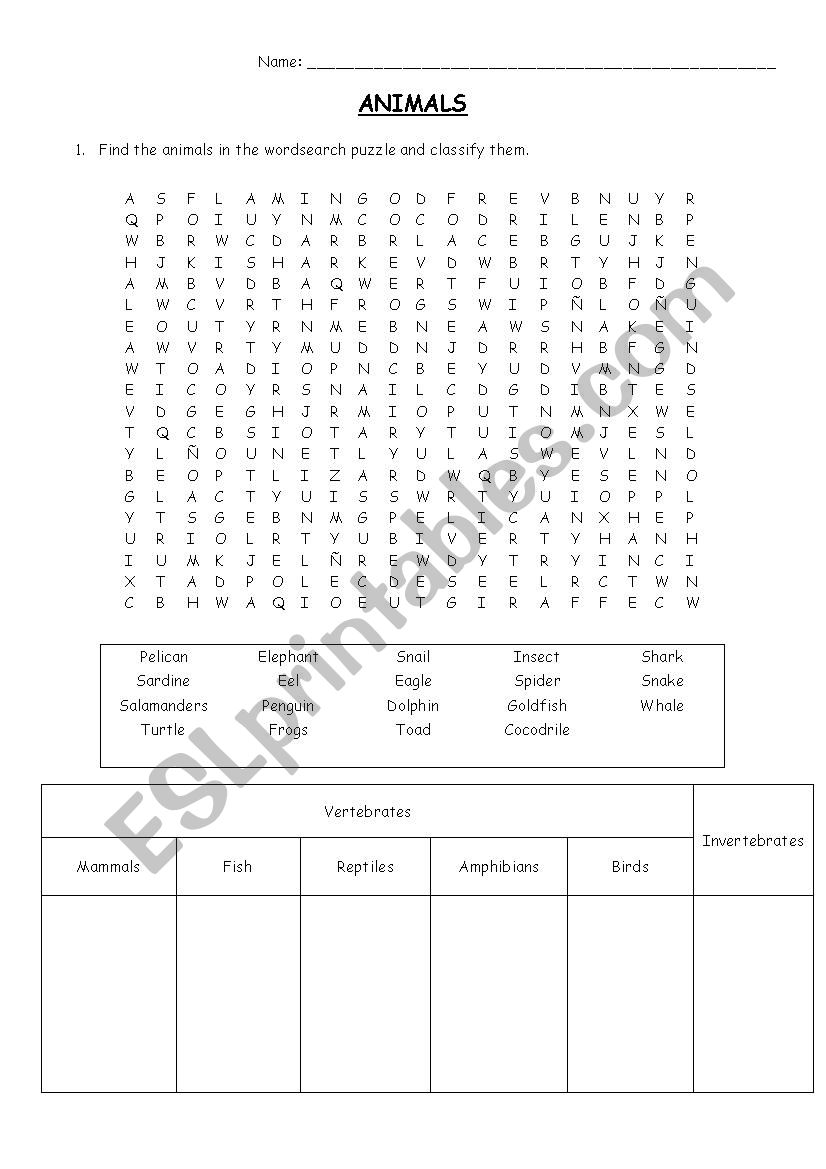 Animals Wordsearch worksheet