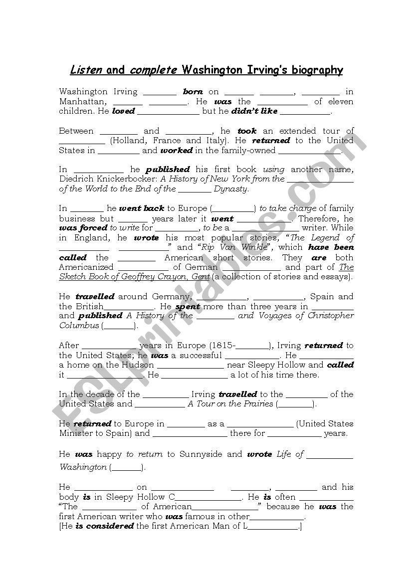 WASHINGTON IRVINGS BIOGRAPHY CLOZE TEST AND ANSWERS