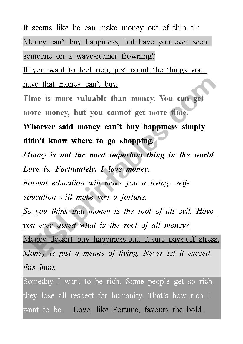 Money Quotes -Sentence Scramble Cut Out