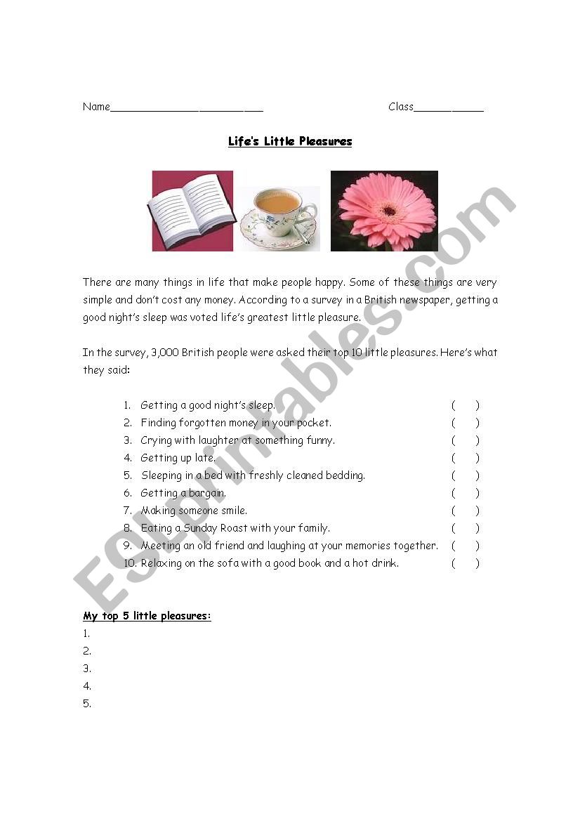 Lifes Little Pleasures worksheet