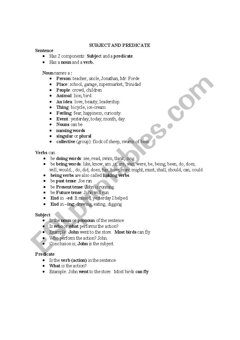 Subject and Predicate worksheet
