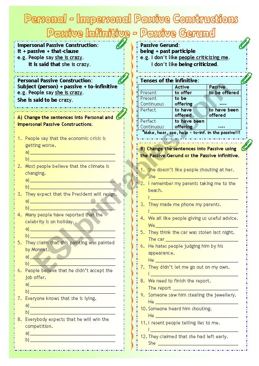 Personal-Impersonal Passive Constructions/ Passive infinitive - Passive Gerund