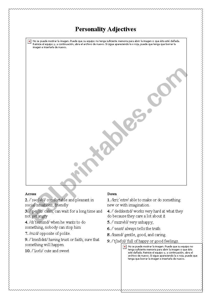 Personality Adjectives Crossword