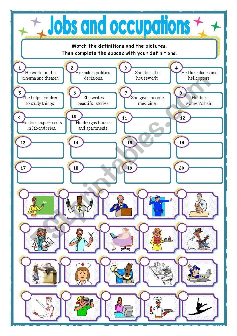 Jobs and definitions worksheet
