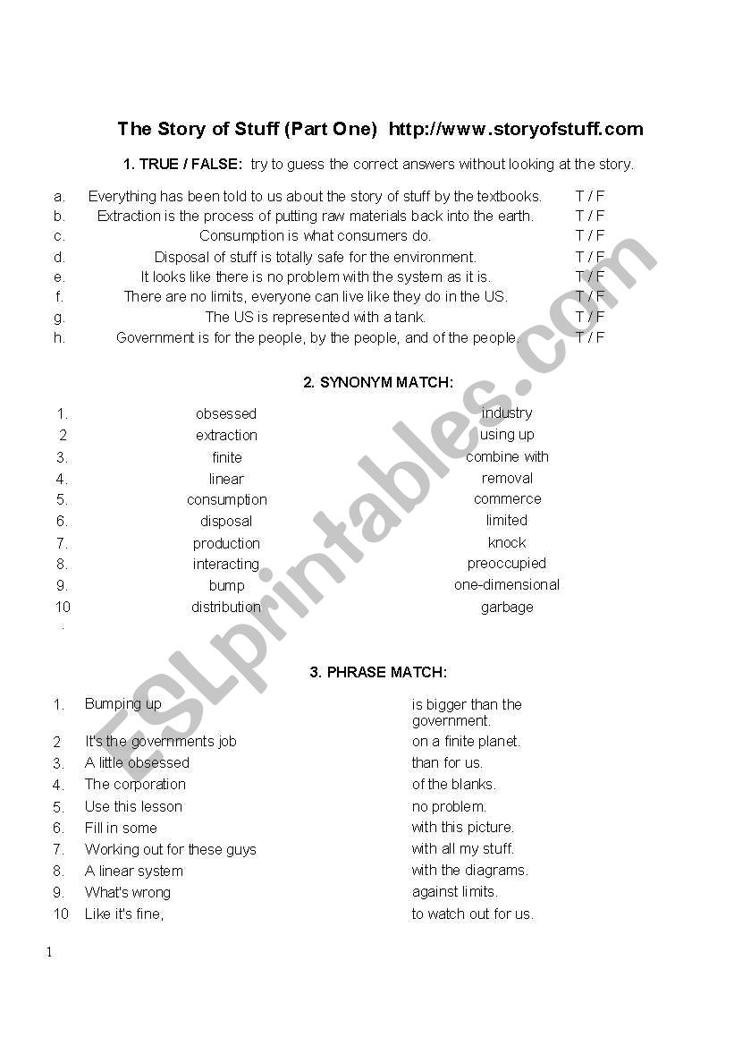 The Story of Stuff, an investigation into the material economy Pertaining To The Story Of Stuff Worksheet
