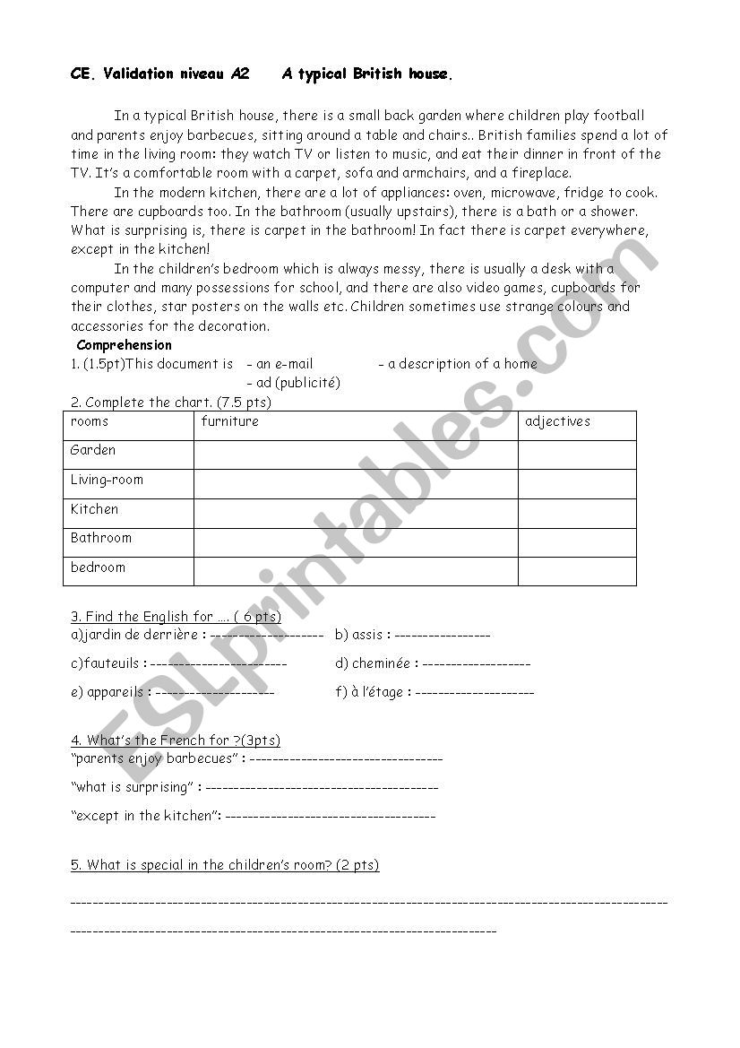a typical English house worksheet