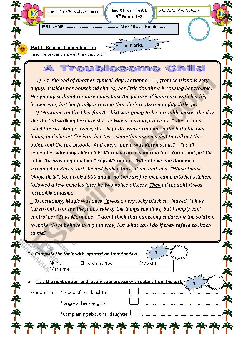 full term test 1 ,9th forms  worksheet