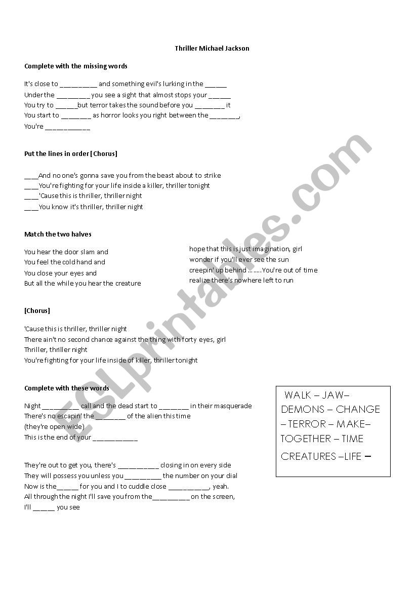 Thriller - Michael Jackson worksheet